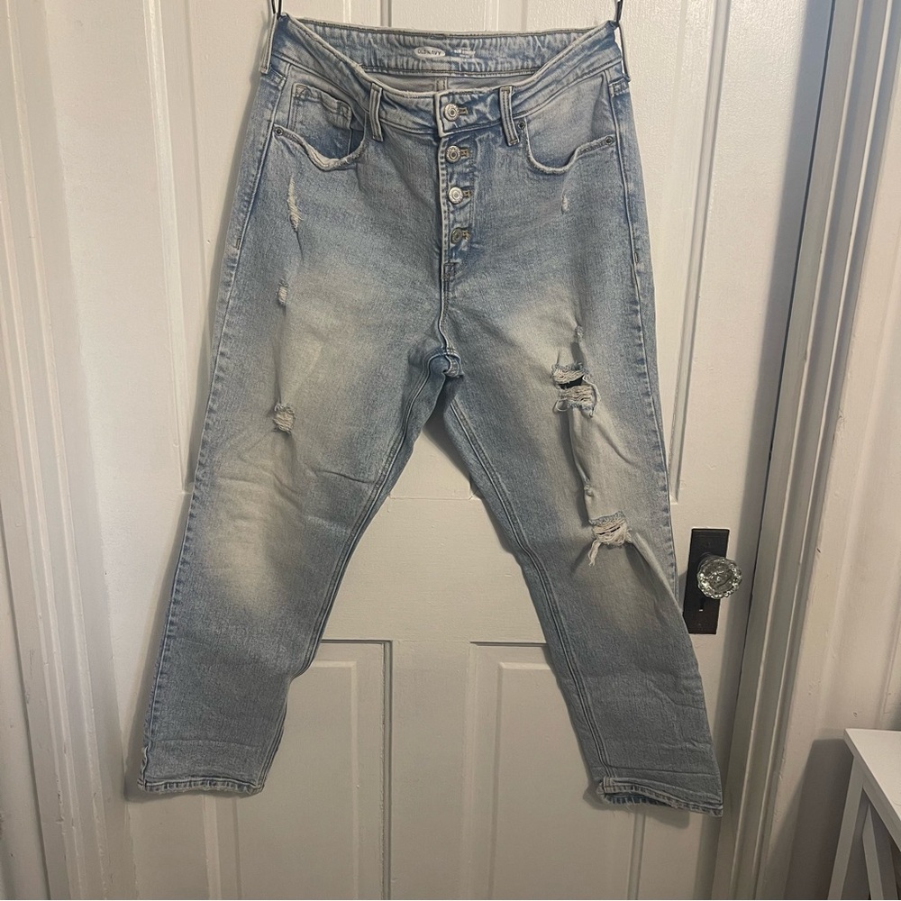 Old Navy High Rise Power Slim Straight Button Fly Light Wash Ripped Jeans Size12